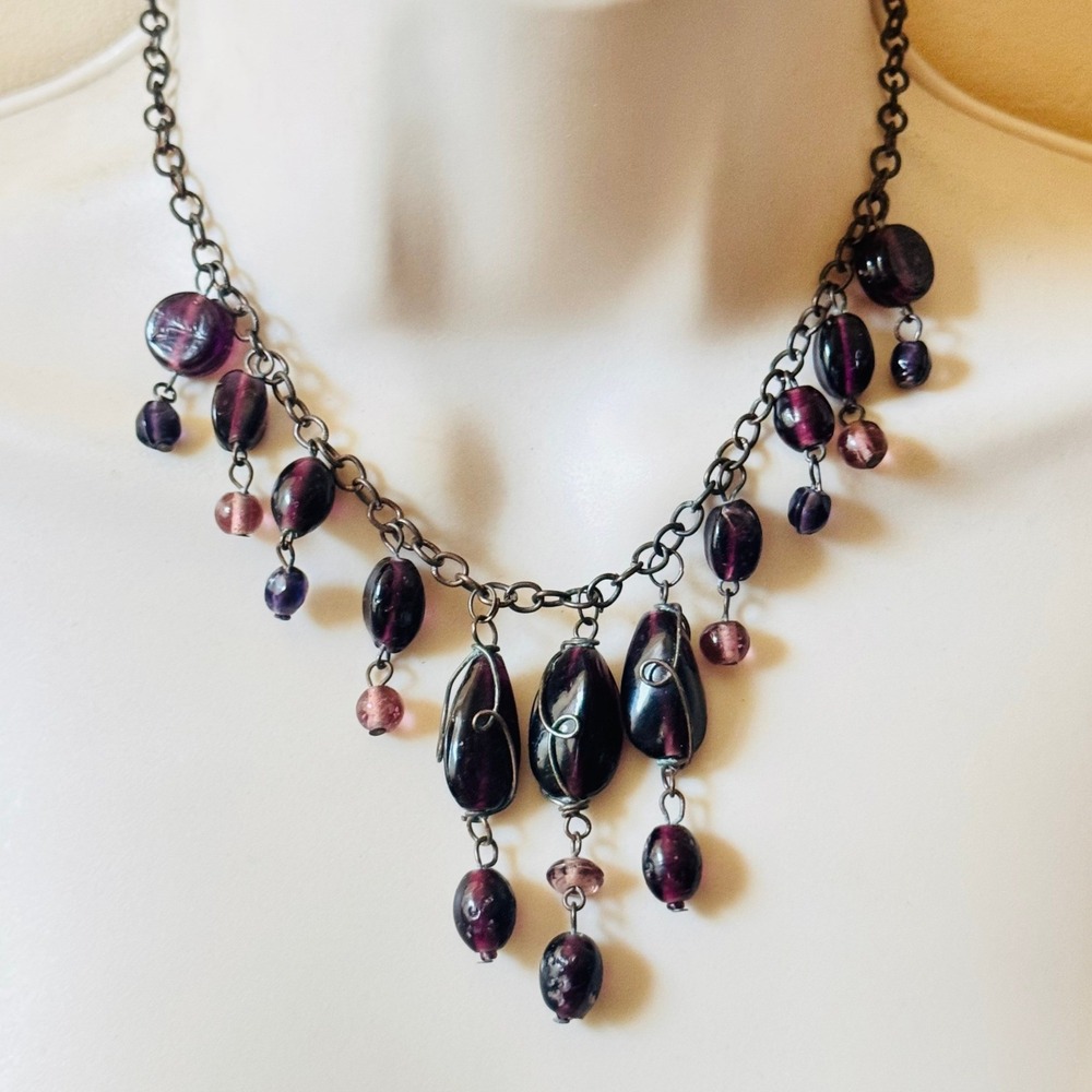 VTG Victorian Goth Style Glass necklace Brass Waterfall Cascade Fringe Brass 17"